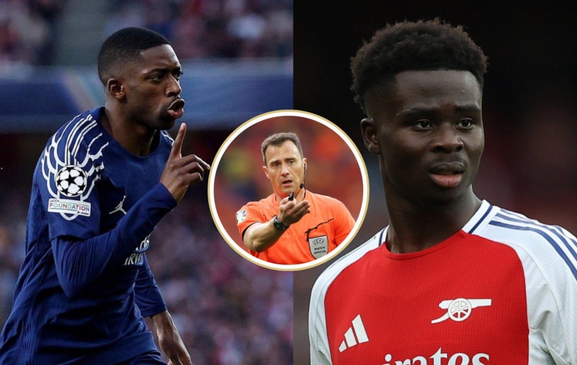 Các cầu thủ PSG và Arsenal nhìn về phía trọng tài